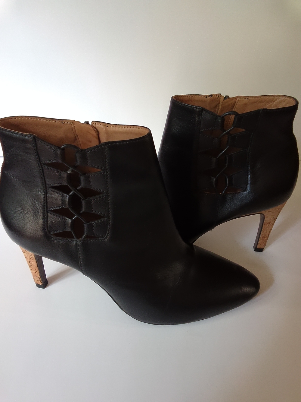 Black Leather Ankle Booties with Cork Stiletto Heel